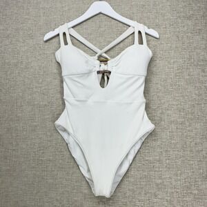 BECCA by Rebecca Virtue Swimsuit Womens Large White One Piece Ribbed Keyhole Tie
